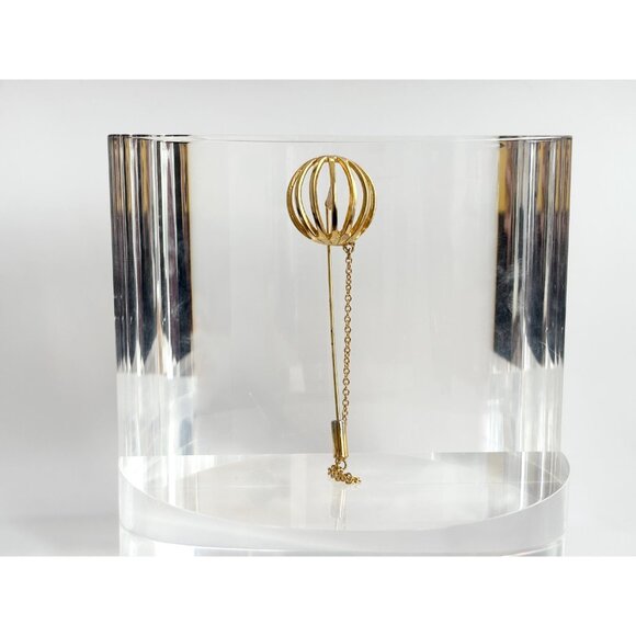 Gold T Spherical Cage w/ Safety Chain Vintage Stick Pin | Hat Pin | Lapel Pin - Picture 7 of 10